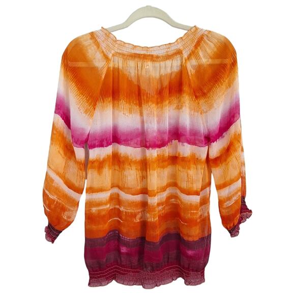 Chicos Colorful Orange & Pink Sheer Layering Blouse w Elastic Hem 0 / S - Picture 7 of 9